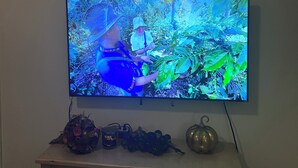Un televisor montado en la pared muestra una escena con una persona vestida de azul y un sombrero, rodeada de follaje. Debajo del televisor, hay una mesita con adornos.