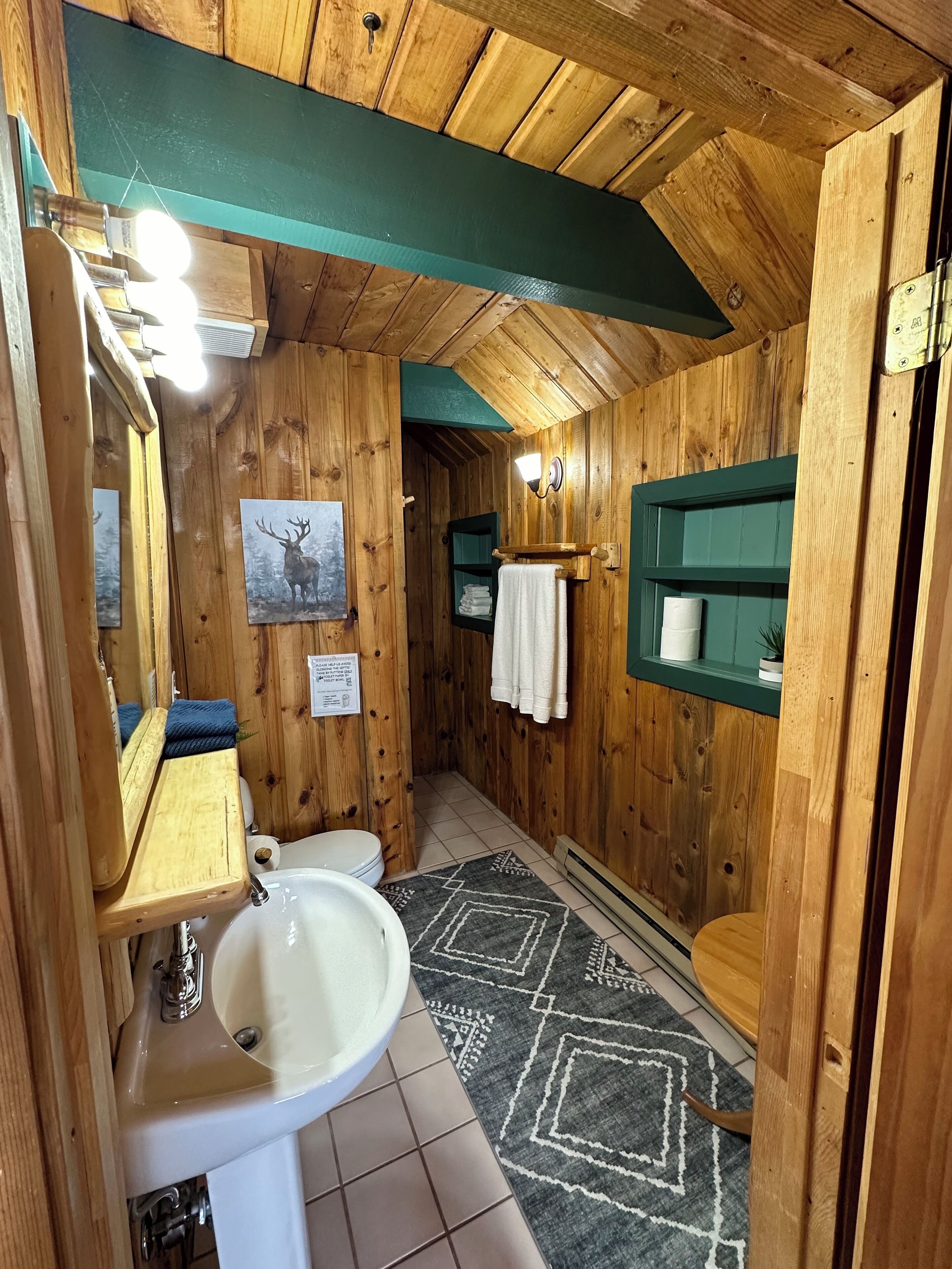Un baño de madera con lavamanos, inodoro y espejo.