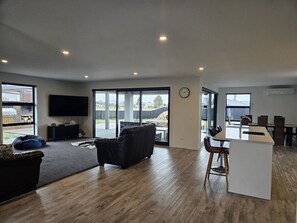 Smart TV, fireplace, books