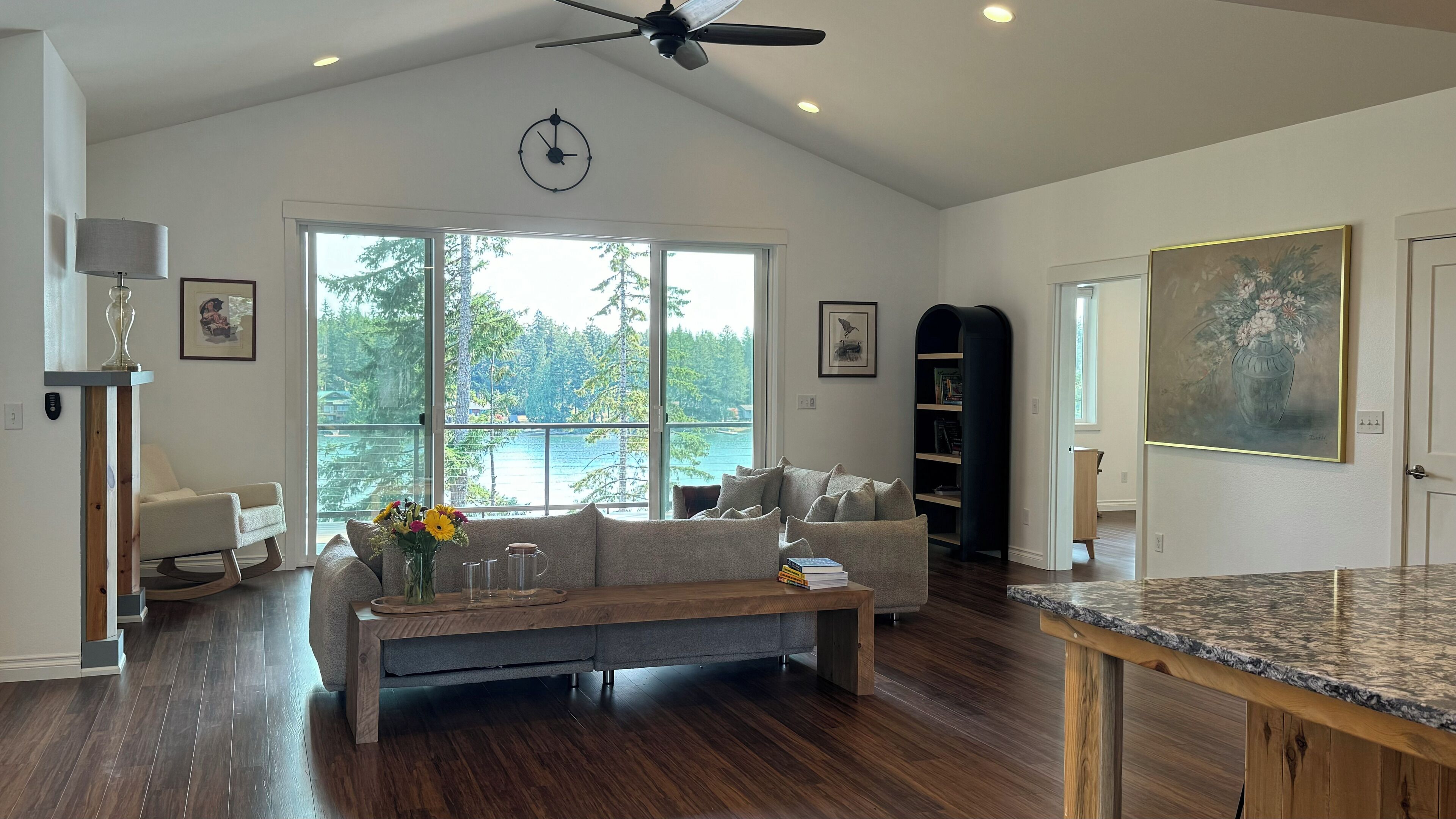 Smart TV, fireplace, books