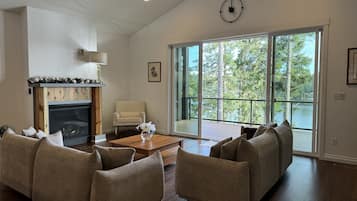 Smart TV, fireplace, books