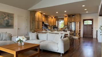 Smart TV, fireplace, books