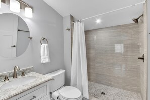 Hair dryer, towels, soap, toilet paper