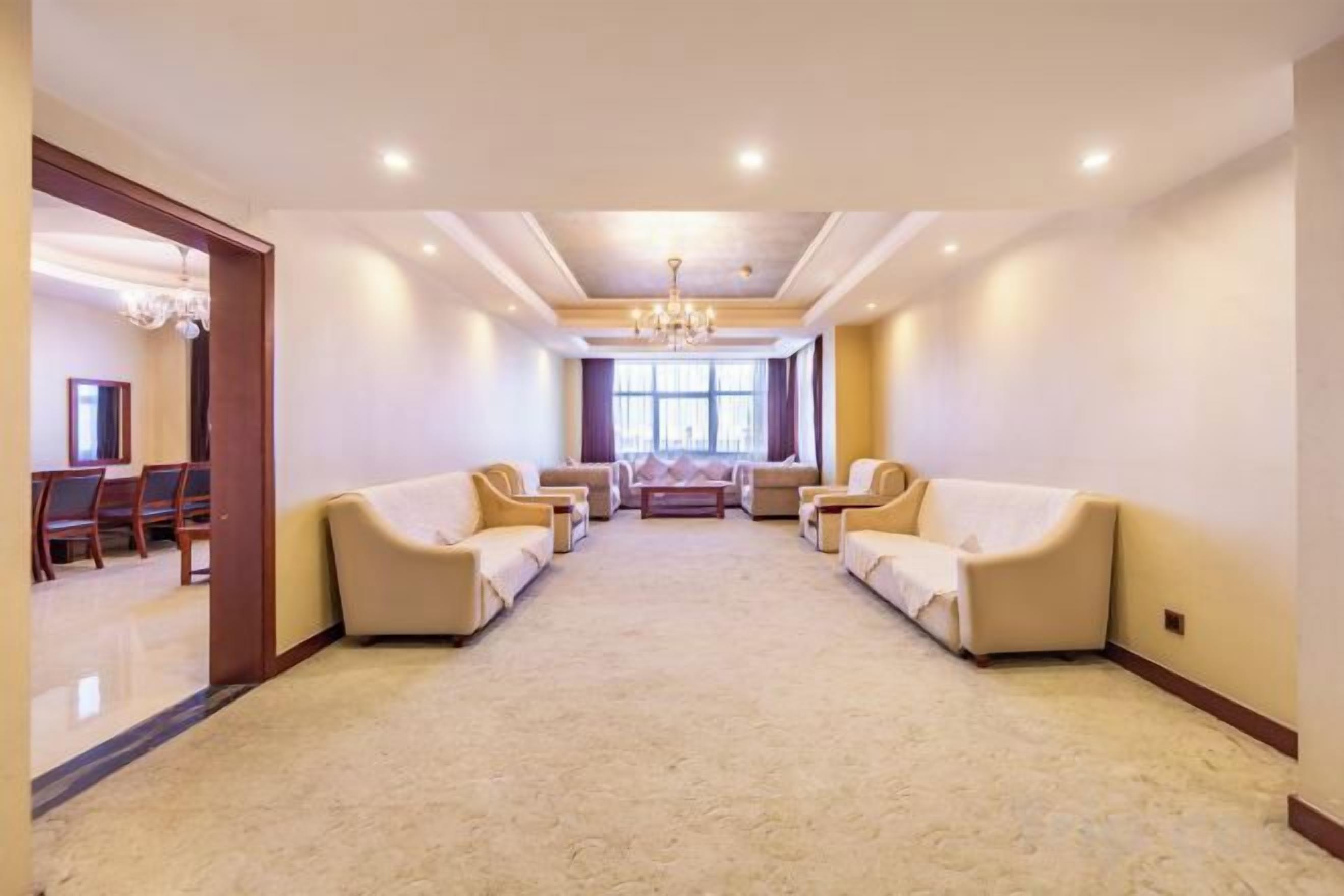 A spacious room with a carpeted floor, two sofas facing each other, and a chandelier.