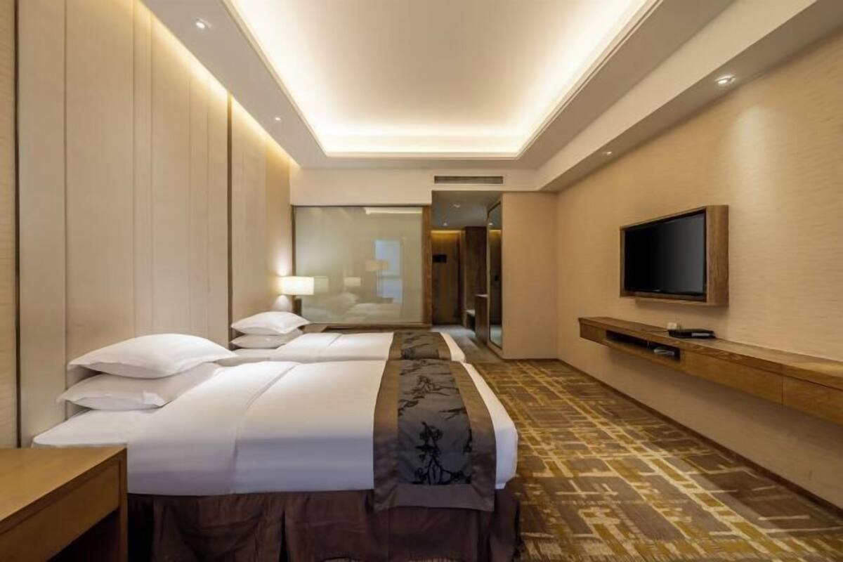 Habitación de hotel con dos camas, televisión, escritorio y espejo.