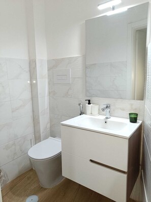 Douche, sèche-cheveux, serviettes fournies, savon