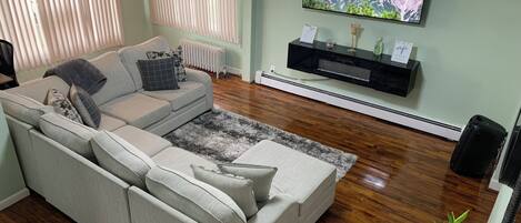 Smart TV, fireplace, books, stereo