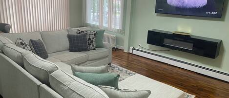 Smart TV, fireplace, books, stereo