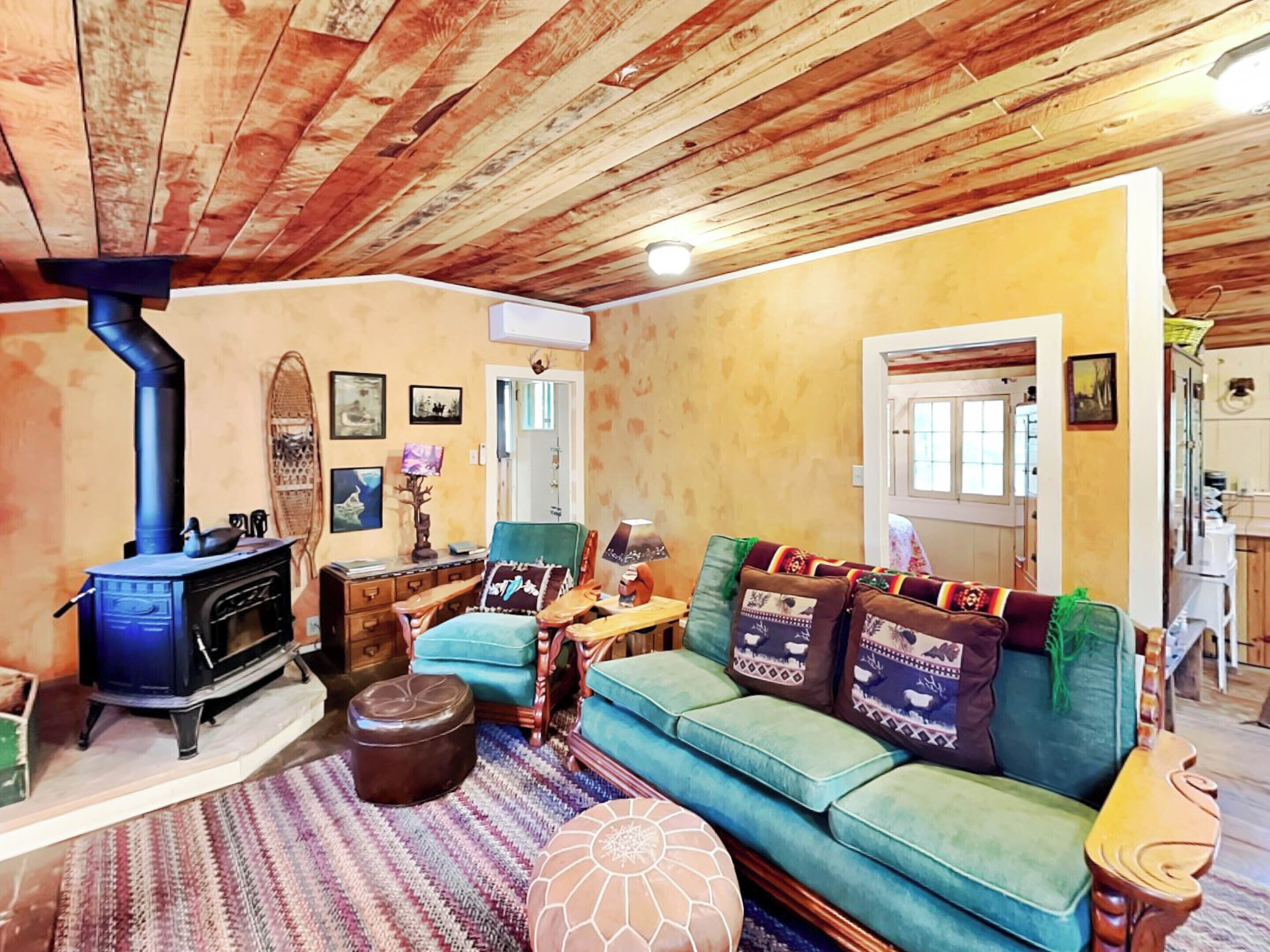 Ein gemütliches Wohnzimmer mit Holzbalkendecke, einer Couch mit gemusterten Kissen, einem kleinen Tisch und einem blauen Heizgerät.