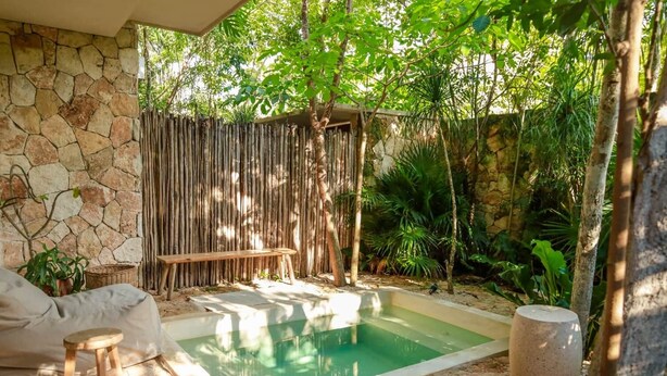 A stone wall, a wooden bench, a small pool, and tropical plants. - Apartment with Private Pool and Garden | •TEVA 1A (Tulum)