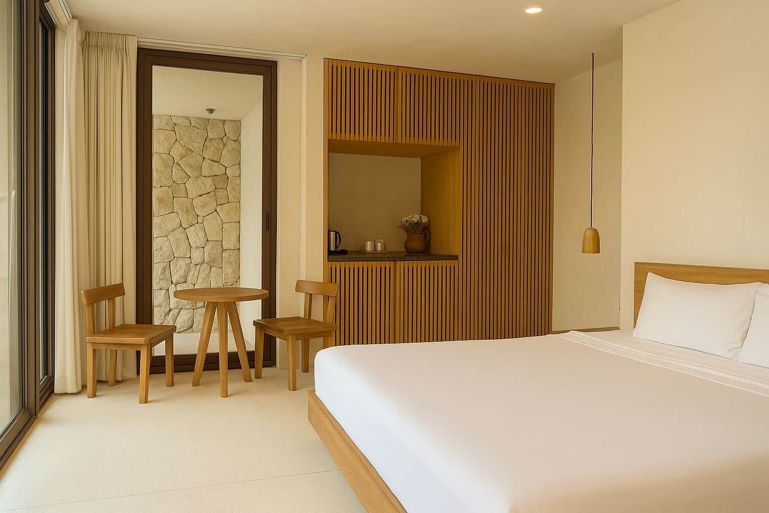 A hotel room with a large bed, a wooden desk with two chairs, a stone wall, and a wooden panel wall.