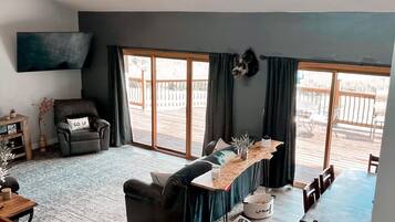 Smart TV, fireplace, books