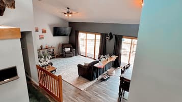 Smart TV, fireplace, books