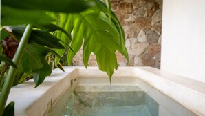 A rectangular pool with clear water, surrounded by stone walls and lush green foliage. - Room with Private Terrace and Pool |• TEVA 3B (Tulum)