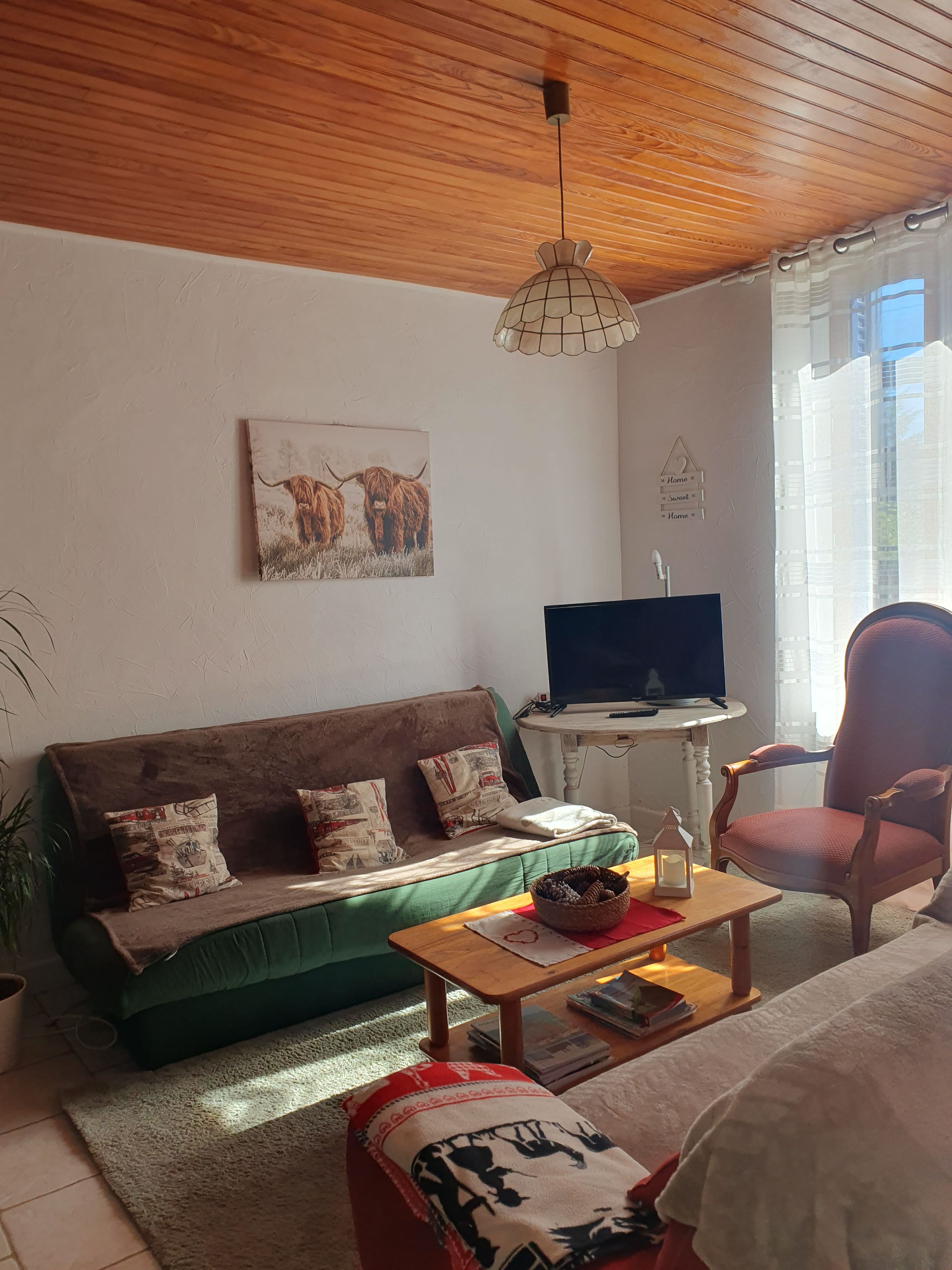 Een woonkamer met een groene bank, een houten salontafel, een televisie en een raam met gordijnen.