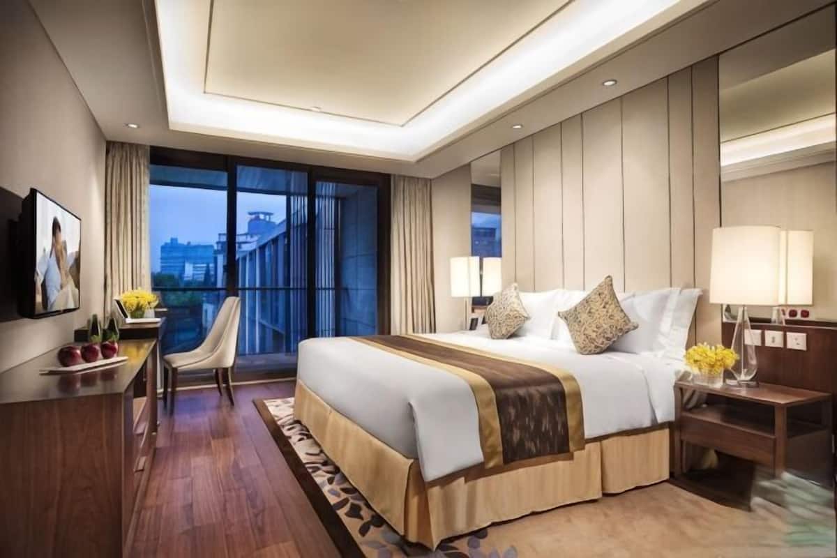 A hotel room with a large bed, a desk with a chair, a TV, and a view of the city.