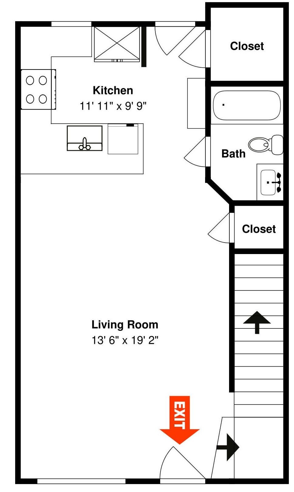 Plano de planta que muestra una cocina de 3.5 metros por 2.7 metros, una sala de estar de 4.1 metros por 5.8 metros, y dos armarios.