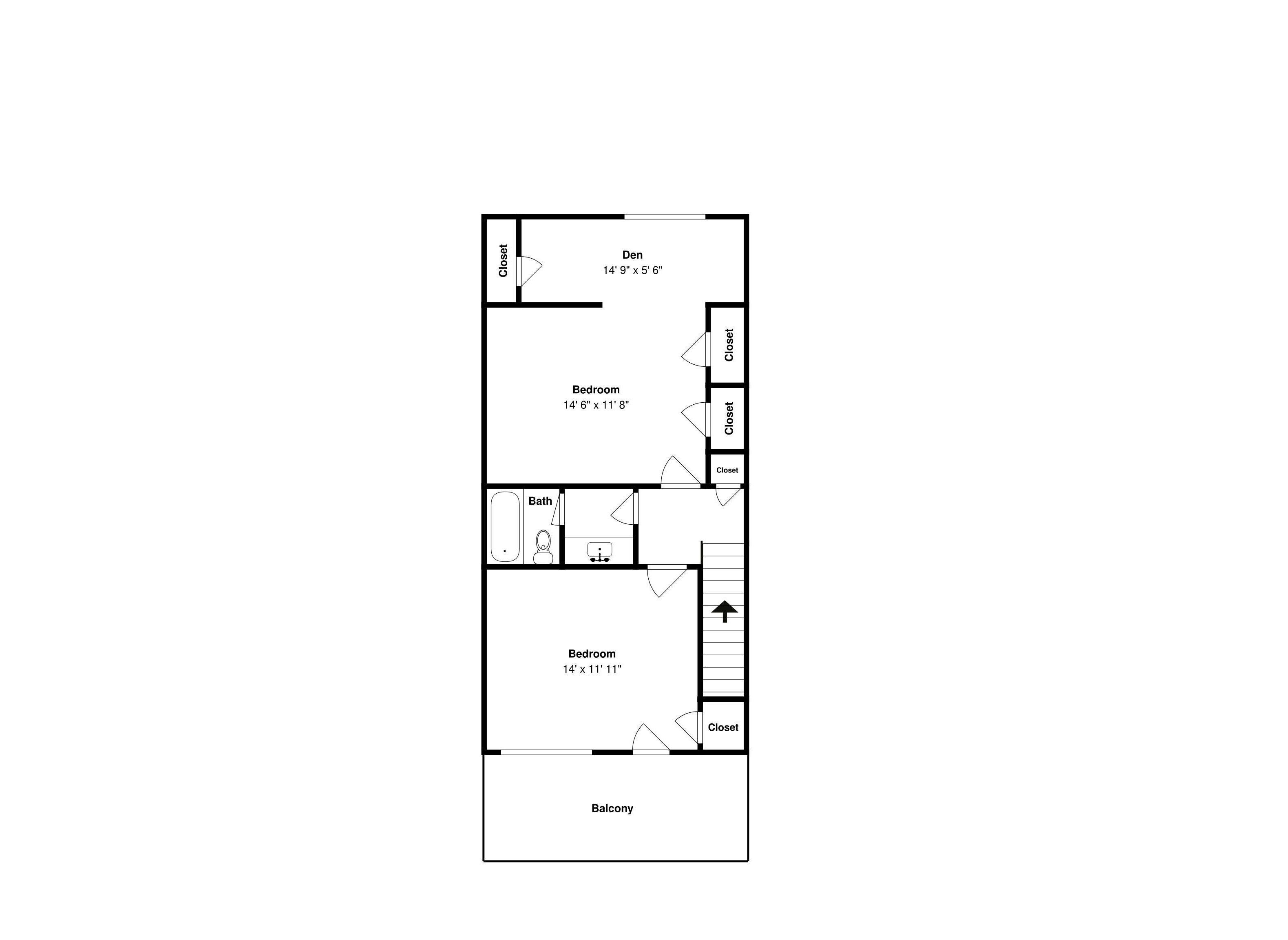 Plano de planta que muestra dos dormitorios, un espacio de salón, un baño y un balcón.