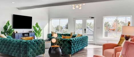 Smart TV, fireplace, books