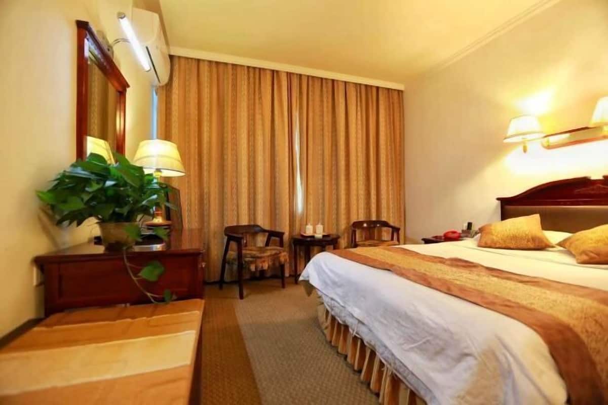 Una habitación de hotel con cama, escritorio, silla, planta y espejo.