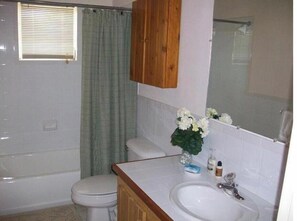 Hair dryer, towels, soap, shampoo