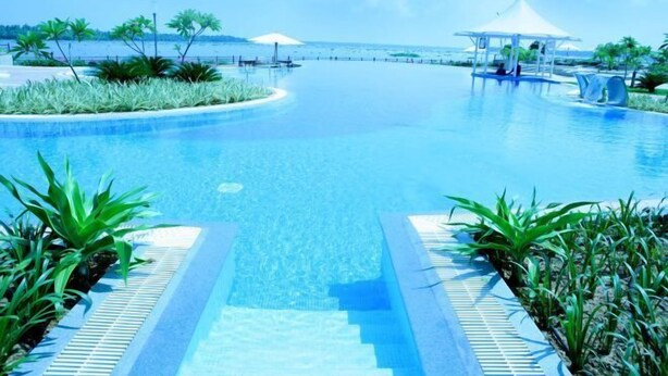 Una piscina infinita de color azul intenso con un toldo blanco y sillones de descanso, rodeada de plantas tropicales y vistas al mar.