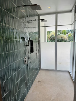 Shower, hair dryer, towels, toilet paper