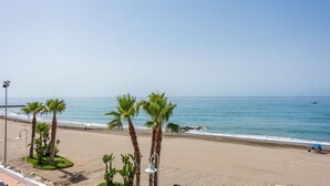 Une plage bordée de palmiers, un ciel dégagé et une mer calme.