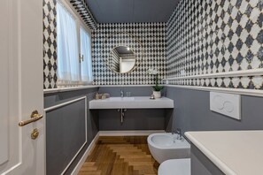 Regadera, secadora de cabello, bidet, toallas 