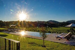 A pool area with sunbathing loungers and umbrellas, surrounded by lush greenery and vineyards under a clear sky. - Quinta de Cypriano - Wine & Nature (Ponte da Barca)