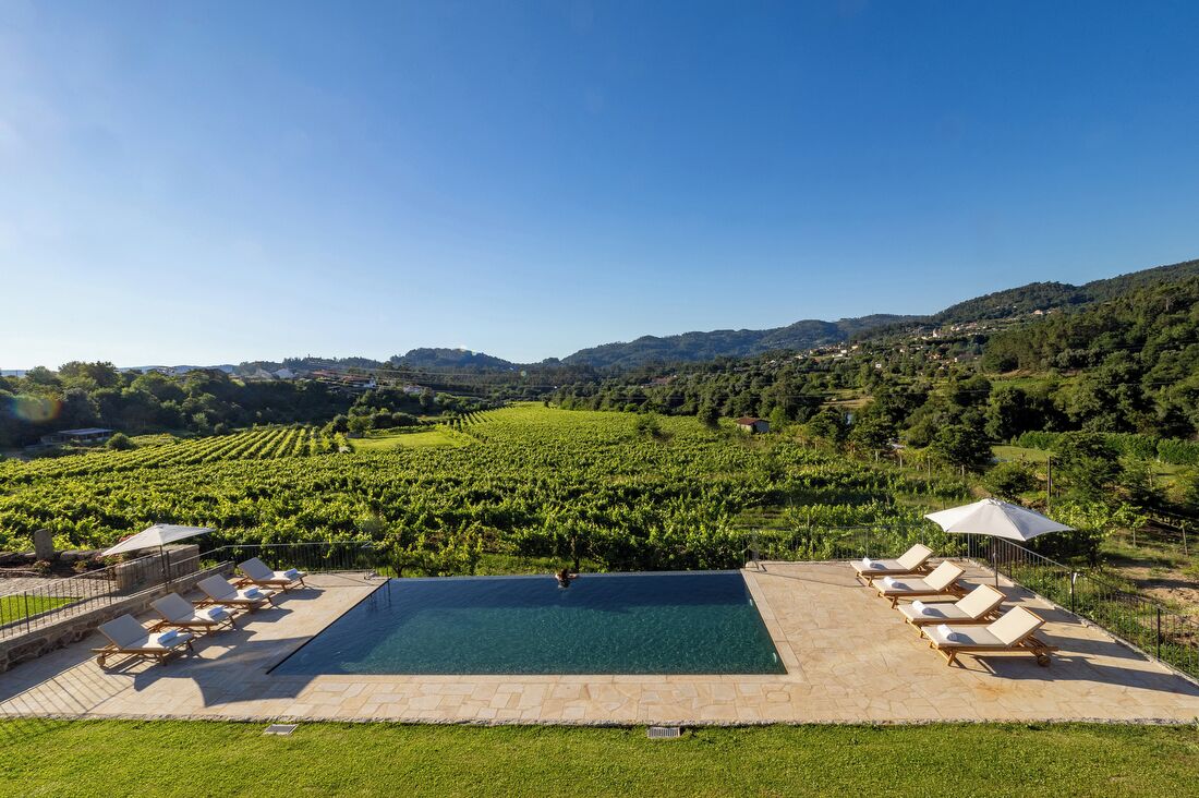 Une piscine entourée de chaises longues et de parasols, elle-même bordée d’un vignoble et d’un paysage vallonné.