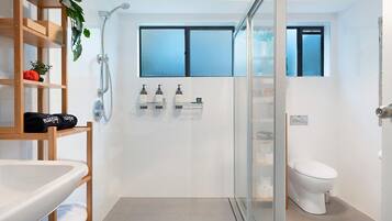 Shower, hair dryer, towels, soap