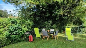 A garden with a table and chairs, surrounded by greenery.