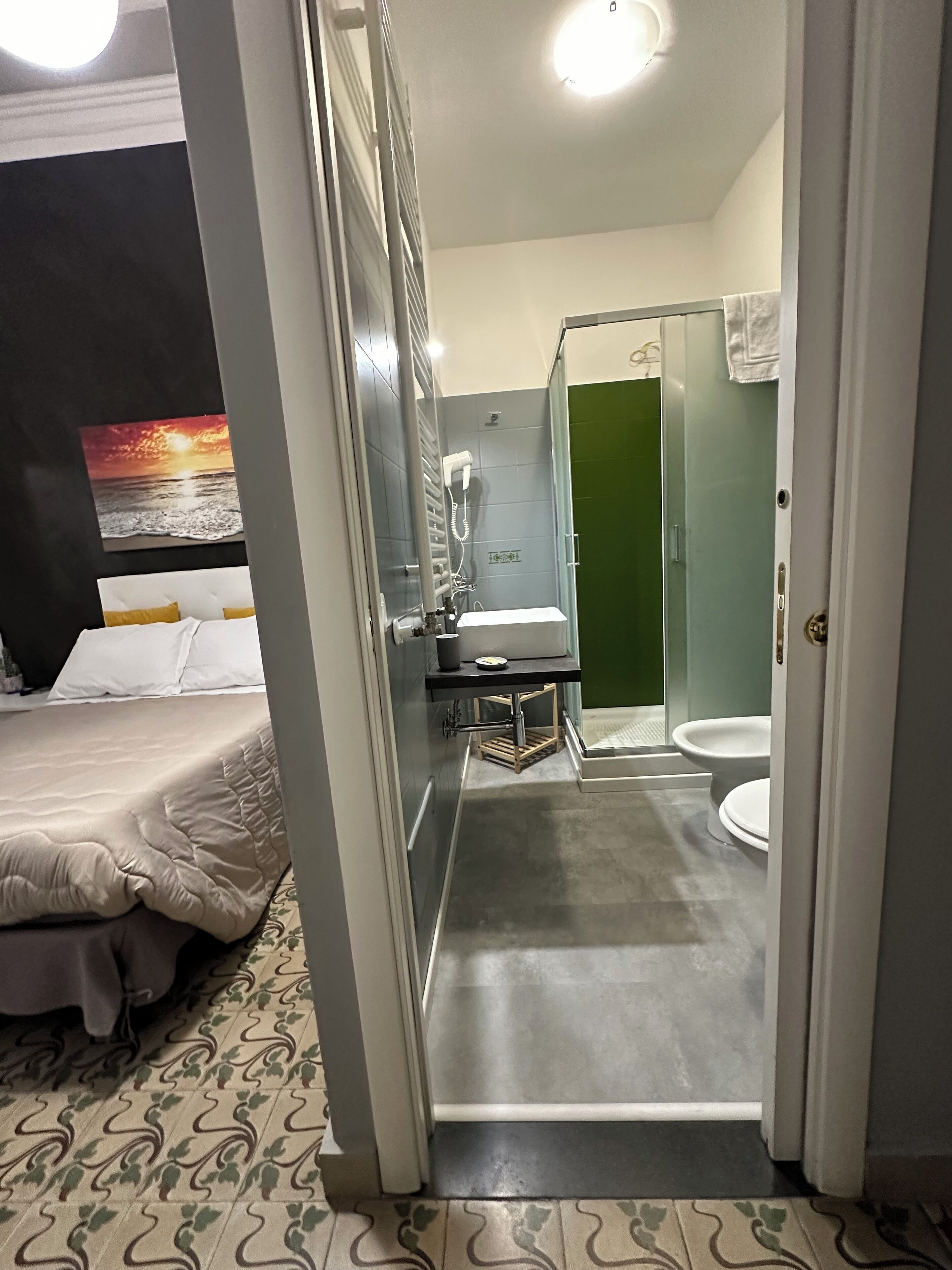 Quarto de hotel com cama, banheiro com chuveiro e vaso sanitário.