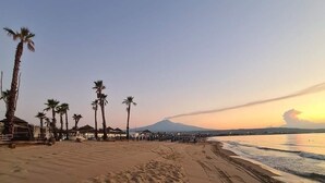 A beach with footprints leading to the water, palm trees, and a mountain in the background. - B&B I Puritani (Catania)
