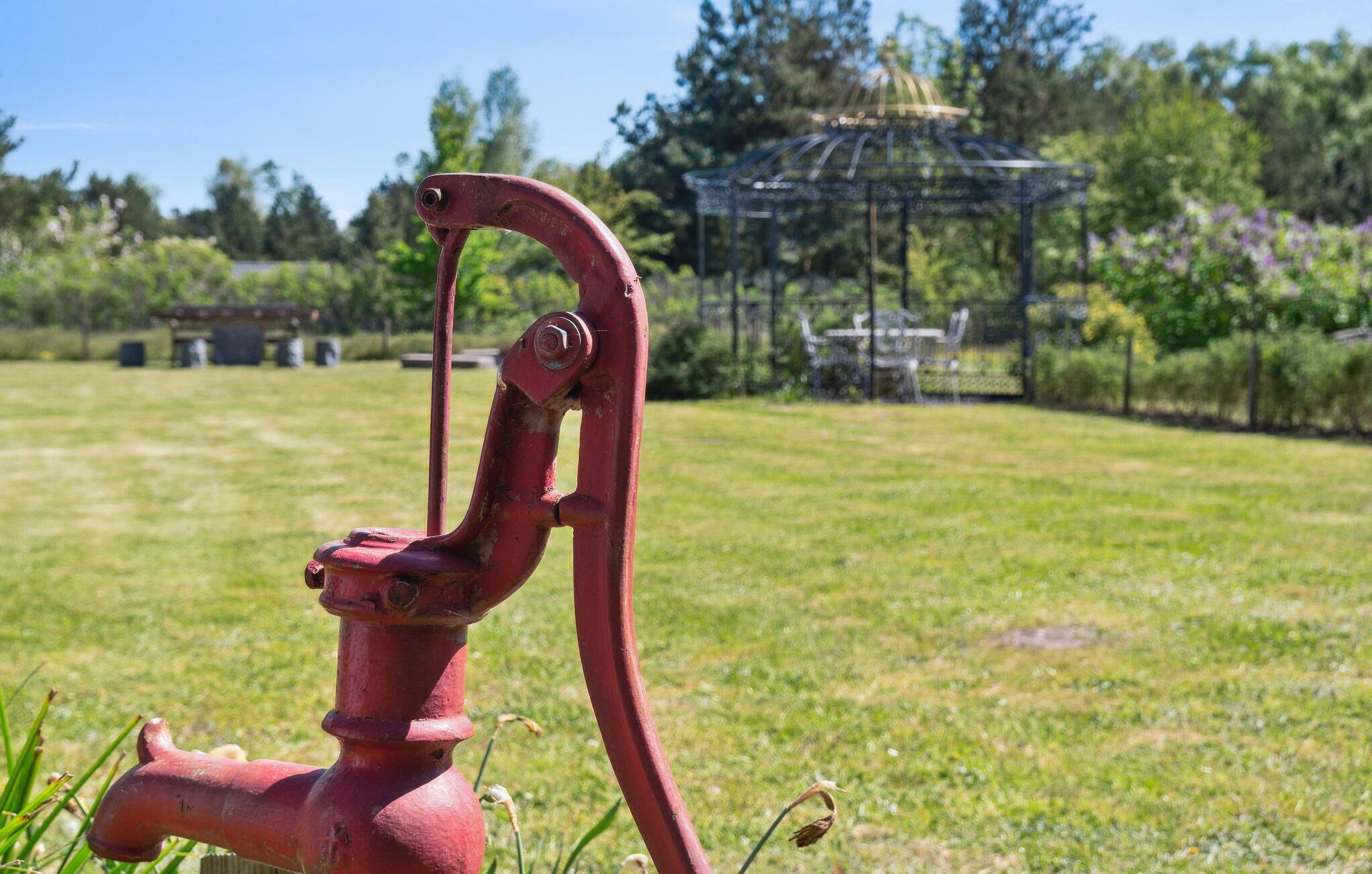 Une borne d’incendie rouge se dresse dans un champ verdoyant, avec un kiosque en arrière-plan.