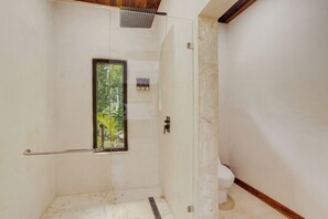 A glass-enclosed shower with a window, a toilet, and a showerhead. - NOUR Villas (Belmopan)