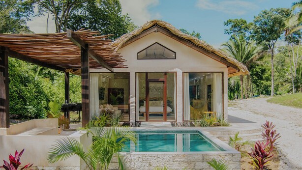 A modern house with a pool, surrounded by tropical plants and trees. - NOUR Villas (Belmopan)