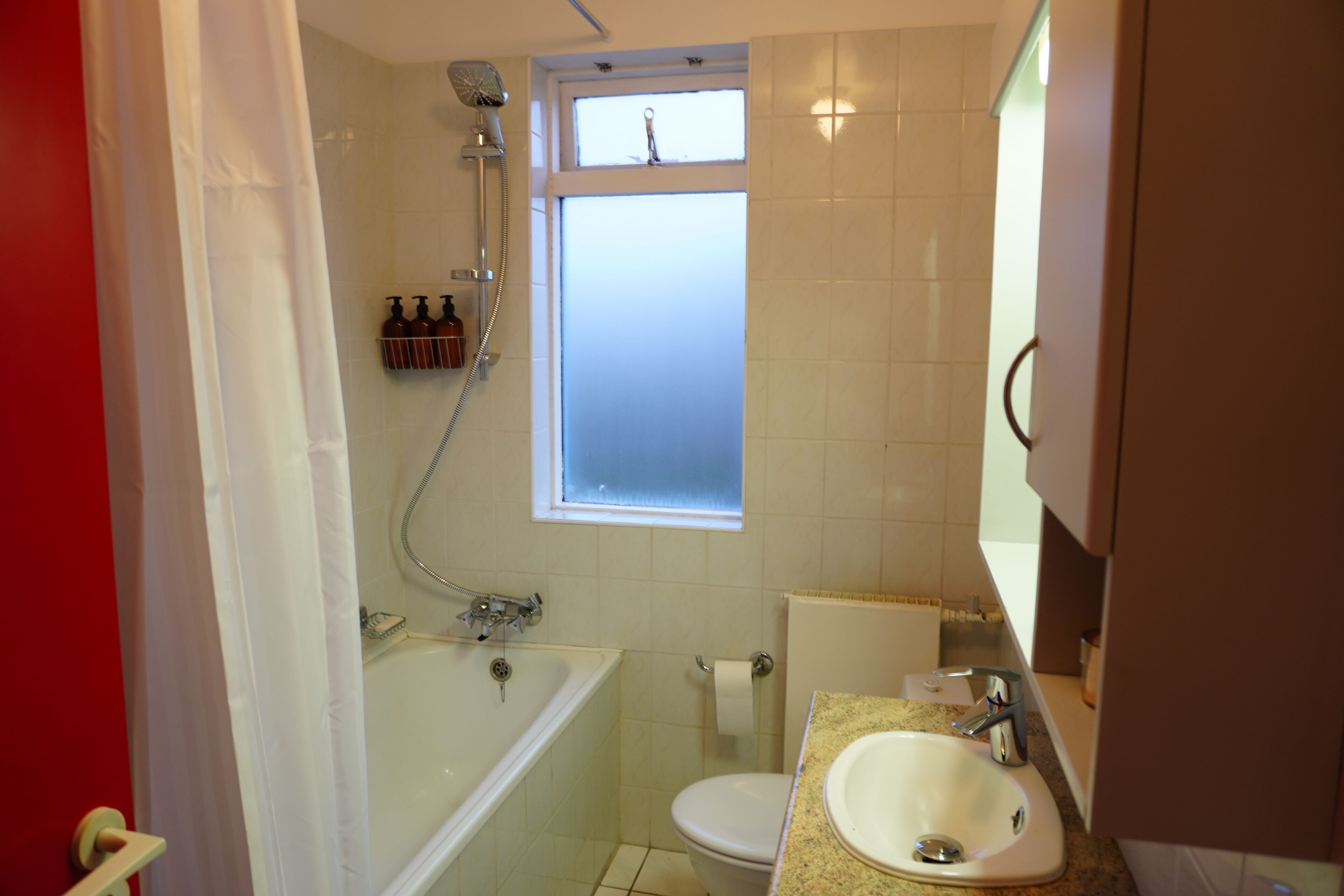 Hair dryer, towels, soap, shampoo