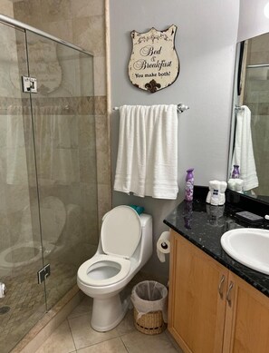 Shower, towels, soap, toilet paper