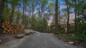 A gravel path leading to a cabin surrounded by trees. - Ridgeview | Hocking Hills, Luxury Cabin, Hot Tub (Rockbridge)