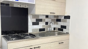 Estudio económico, vistas a la ciudad | Cocina privada | Frigorífico grande, placa de cocina y utensilios de cocina
