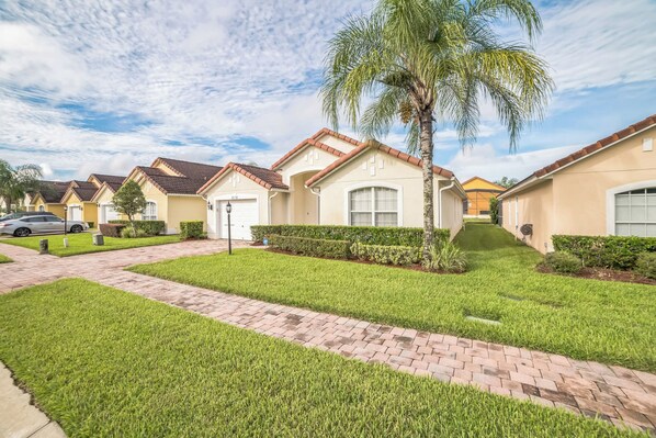 A residential street with houses, a paved walkway, and a palm tree.