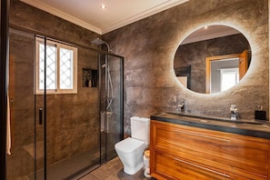 Shower, hair dryer, towels, toilet paper