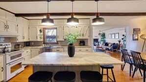 A spacious kitchen with a large island, white cabinetry, and a central plant. - Arrowhead Premier Lakefront w/Sauna, Hot Tub, Firepit, Game Room, Amenities, (Pocono Lake)