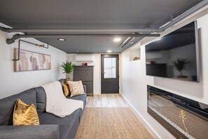 A modern living room with a grey sofa, a flat-screen TV, and a decorative plant. - Romantic hideout. 1Br. Lower Level (Stamford)
