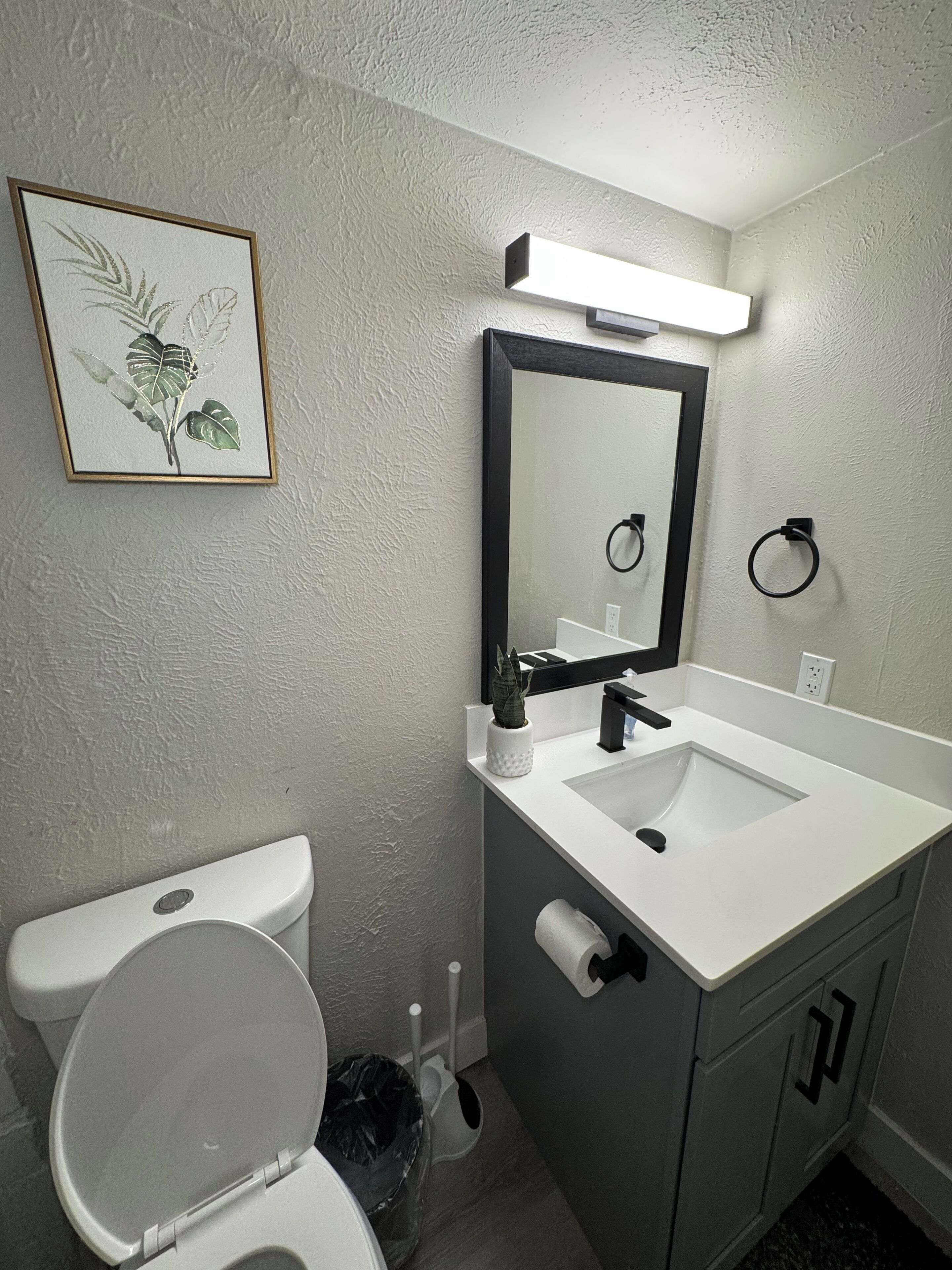 Hair dryer, towels, soap, shampoo