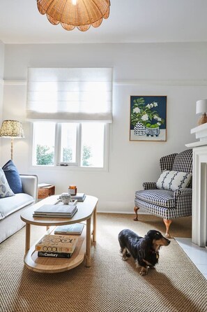 Smart-TV, Kamin, Bücher, Stereoanlage