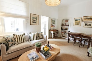 TV, fireplace, books, stereo