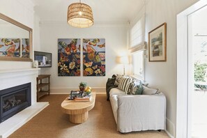 TV, fireplace, books, stereo